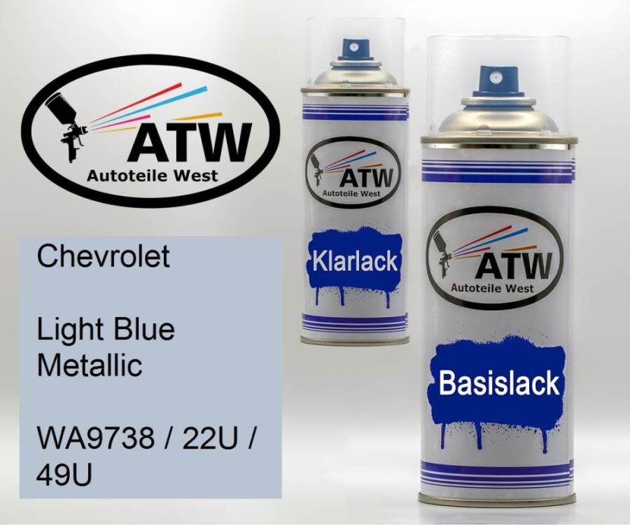 Chevrolet, Light Blue Metallic, WA9738 / 22U / 49U: 400ml Sprühdose + 400ml Klarlack - Set, von ATW Autoteile West.